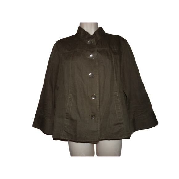 Coldwater Creek Classic army green linen/cotton‎ blouse/jacket 10 Ruffled neck - Picture 1 of 5